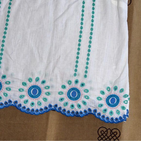 TALBOTS Linen Blend Embroidered Square Neck Top In White/Blue - Picture 4 of 16